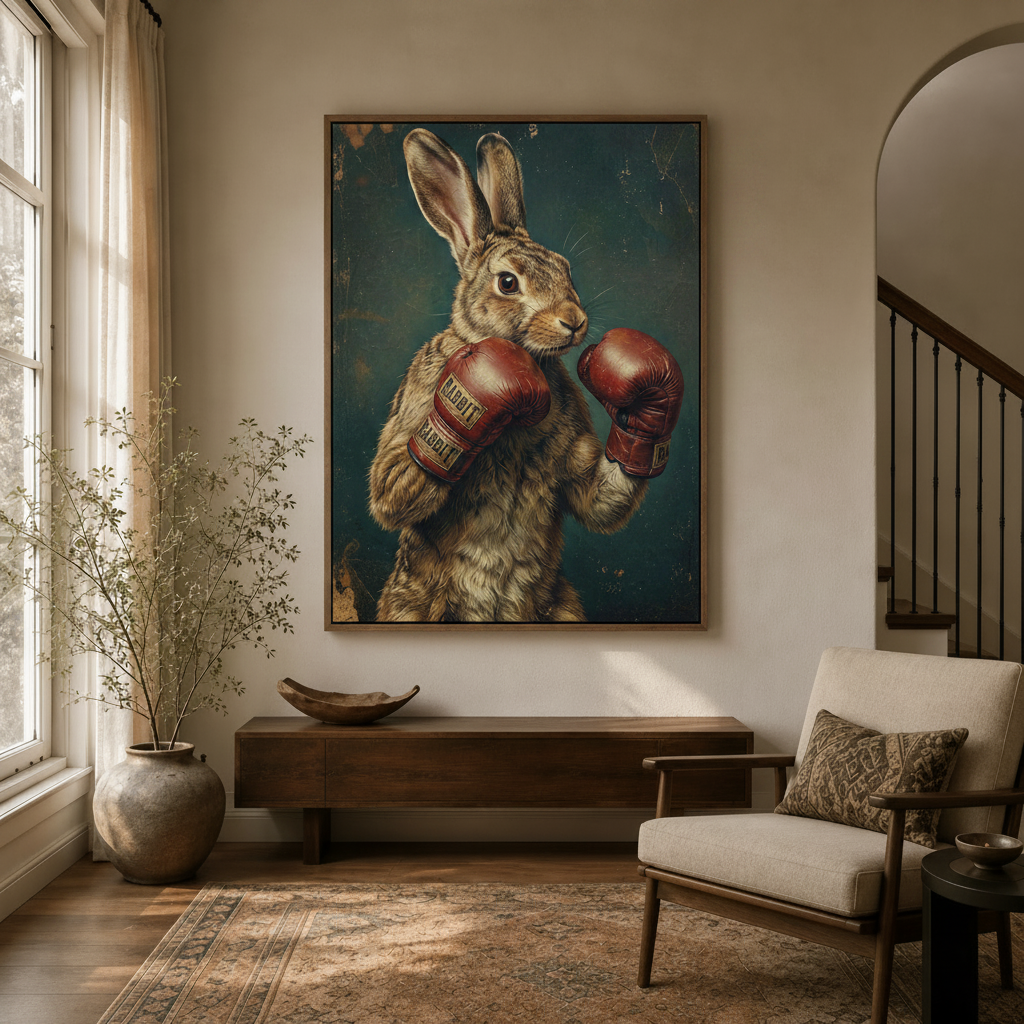Eclectic boxing rabbit canvas in float frame hanging in neutral entryway with arched doorway