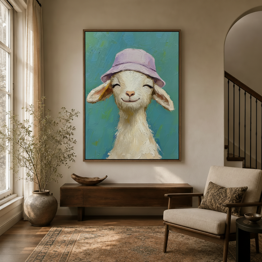 Cute goat in lavender hat impasto canvas wall art hanging in modern farmhouse entryway with arched doorway