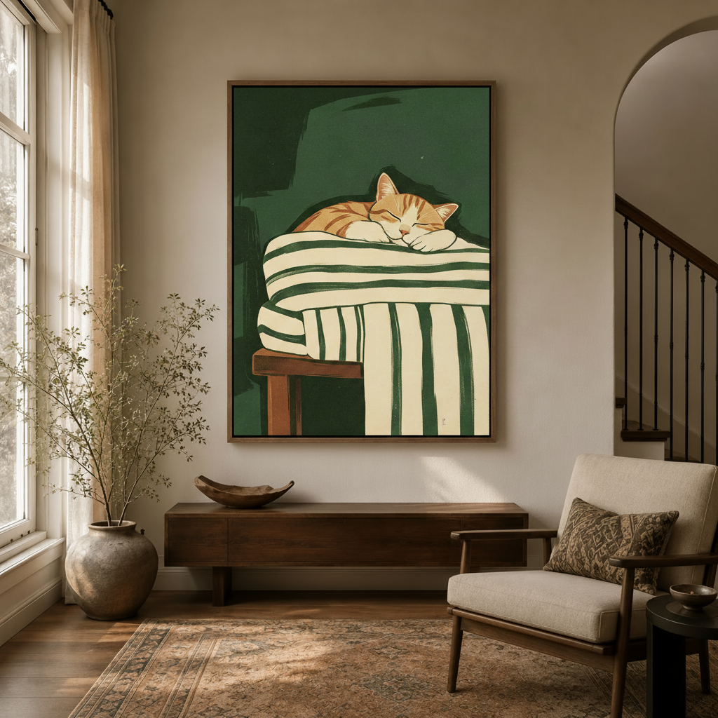 Minimalist orange tabby cat canvas art hanging in cozy entryway with arched doorway