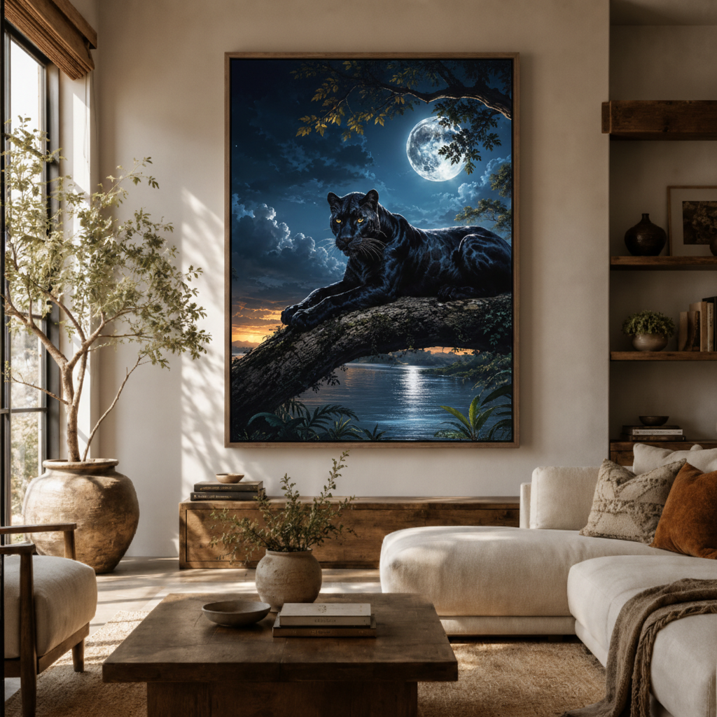 Black panther moon canvas wall art in living room – dark wildlife oil painting with moonlit lake displayed above sofa by Aurewall