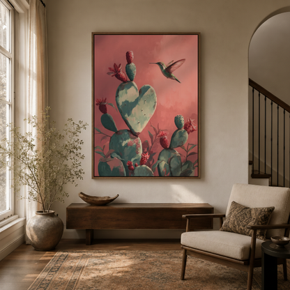 Cactus hummingbird canvas wall art detail – close-up of Southwest botanical oil painting showing hummingbird hovering near heart-shaped cactus in warm pink light by Aurewall