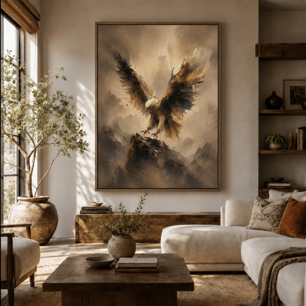 Eagle soaring canvas wall art in living room – majestic realist oil painting with eagle wings spread displayed as bold statement piece above sofa by Aurewall