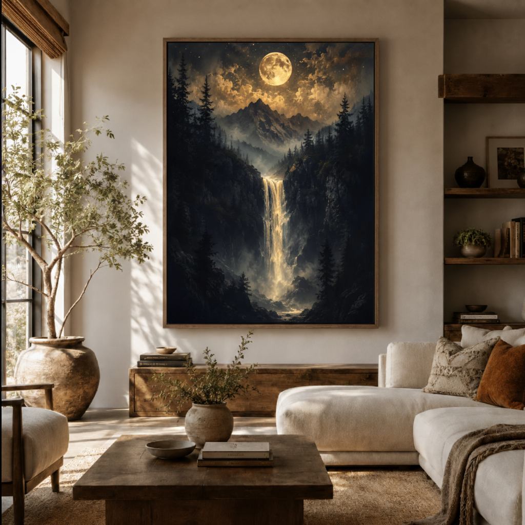 Moonlit forest waterfall canvas wall art in living room – dark fantasy oil painting with deer and silver waterfall under full moon displayed as epic statement piece above sofa by Aurewall