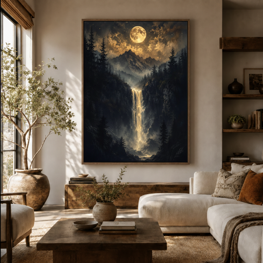 Moonlit forest waterfall canvas wall art in living room – dark fantasy oil painting with deer and silver waterfall under full moon displayed as epic statement piece above sofa by Aurewall