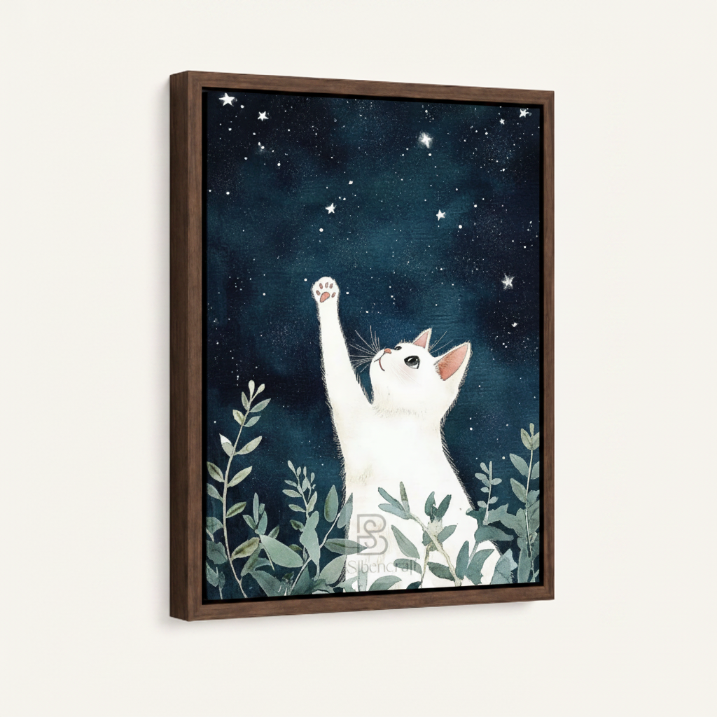 White cat starry sky framed canvas wall art – botanical illustration with white cat reaching toward stars among green plants on deep blue night sky by Aurewall