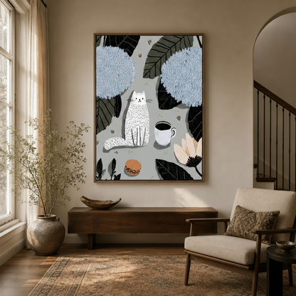  Flat illustration cat and flower canvas print in floating frame displayed in a cozy entryway