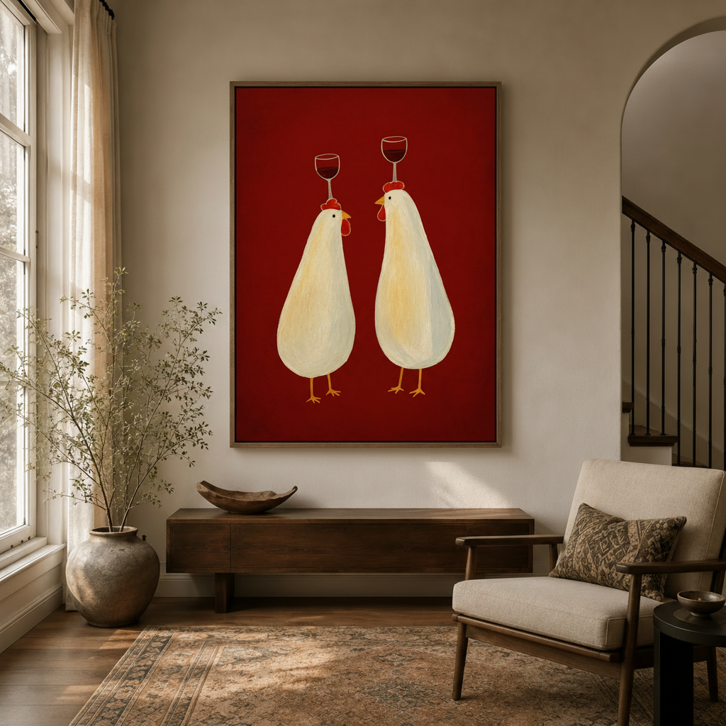 Two chickens balancing red wine glasses illustration hanging in a cozy entryway with arched doorway