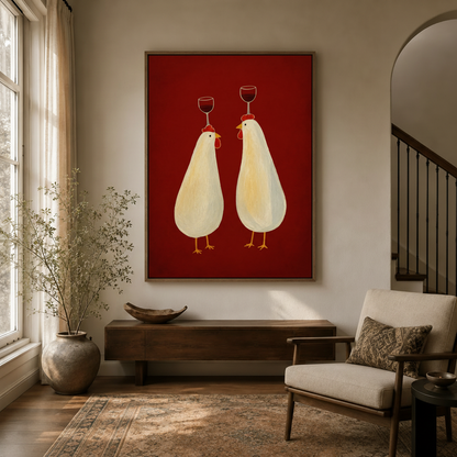 Two chickens balancing red wine glasses illustration hanging in a cozy entryway with arched doorway