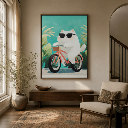 Whimsical white cat riding pink bike canvas hanging in bright entryway with arched doorway