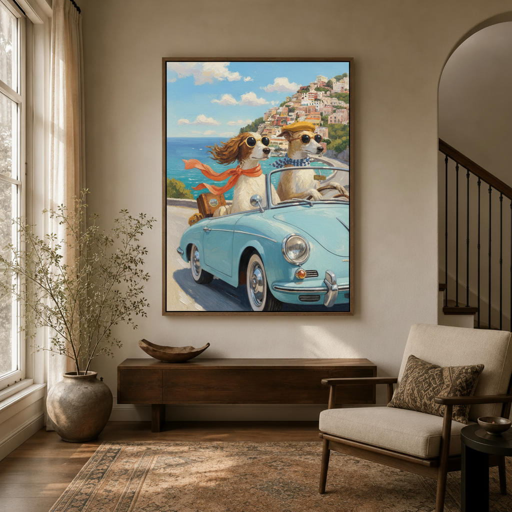 Funny dogs vintage convertible impasto canvas print hanging in a bright modern entryway with arched doorway
