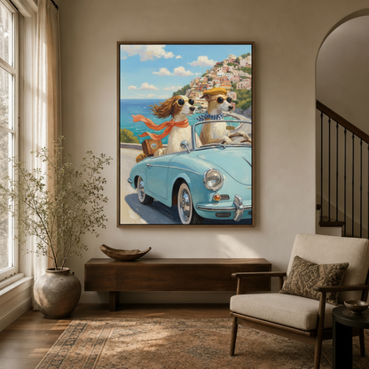 Funny dogs vintage convertible impasto canvas print hanging in a bright modern entryway with arched doorway