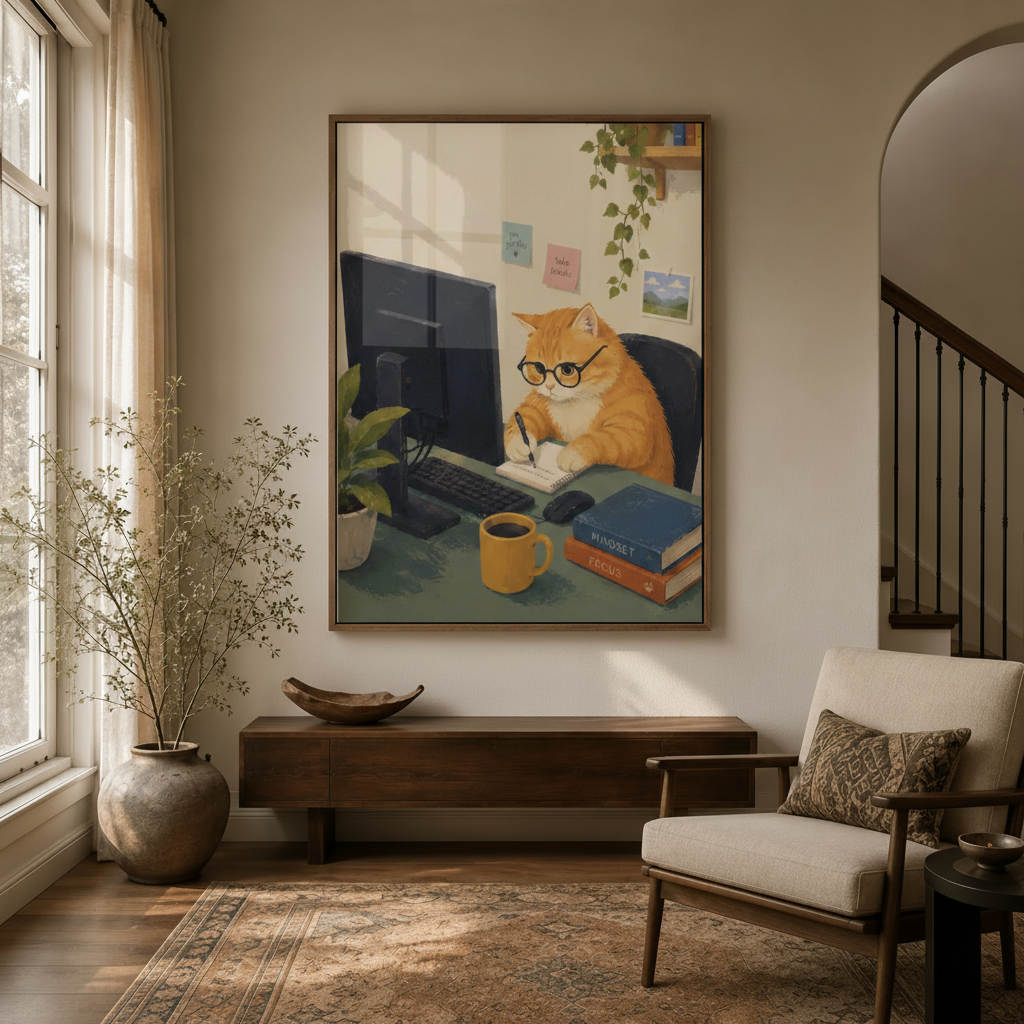 Funny orange tabby cat working at desk canvas art hanging in cozy entryway hallway