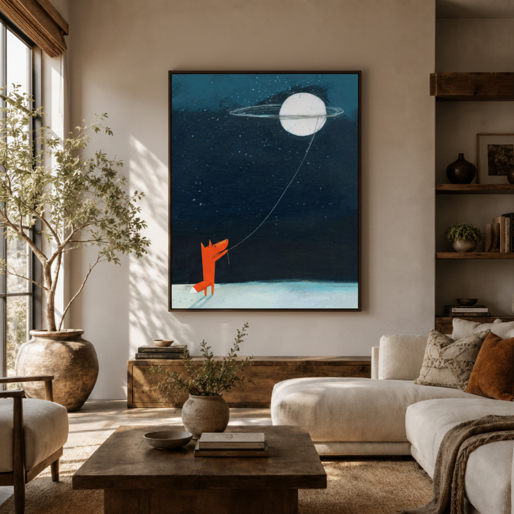 Fox moon canvas wall art in living room – minimalist Nordic night illustration with orange fox and full moon above sofa by Aurewall