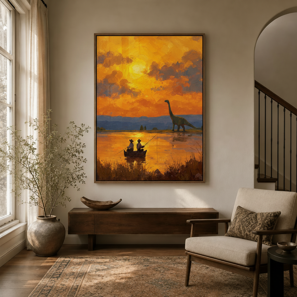Framed fishing and dinosaur sunset canvas art hanging in a bright entryway