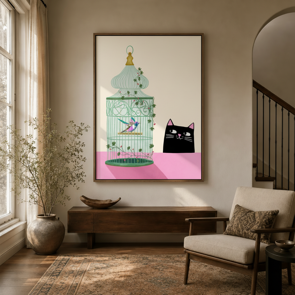 Black cat and hummingbird flat illustration canvas art hanging in a bright modern entryway