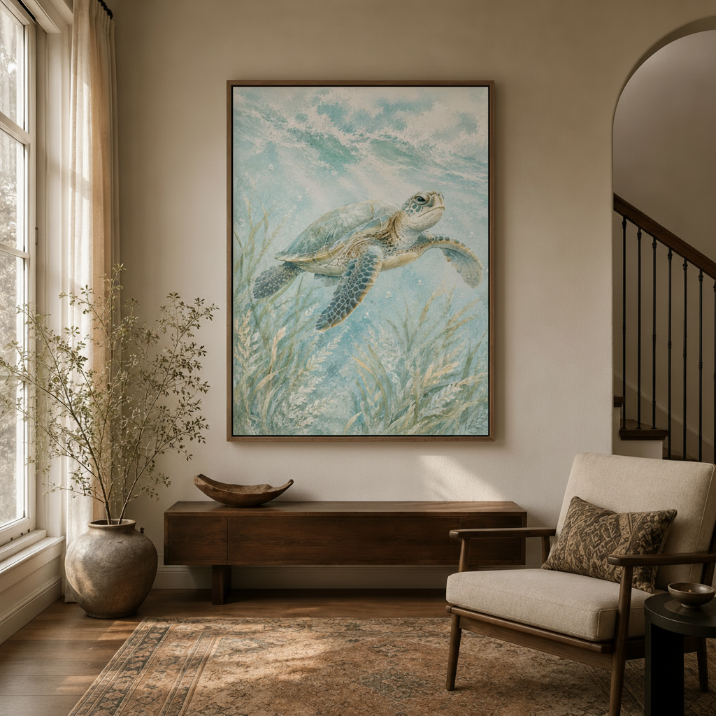 Coastal sea turtle canvas art hung in modern entryway beside arched doorway and dark wooden console table