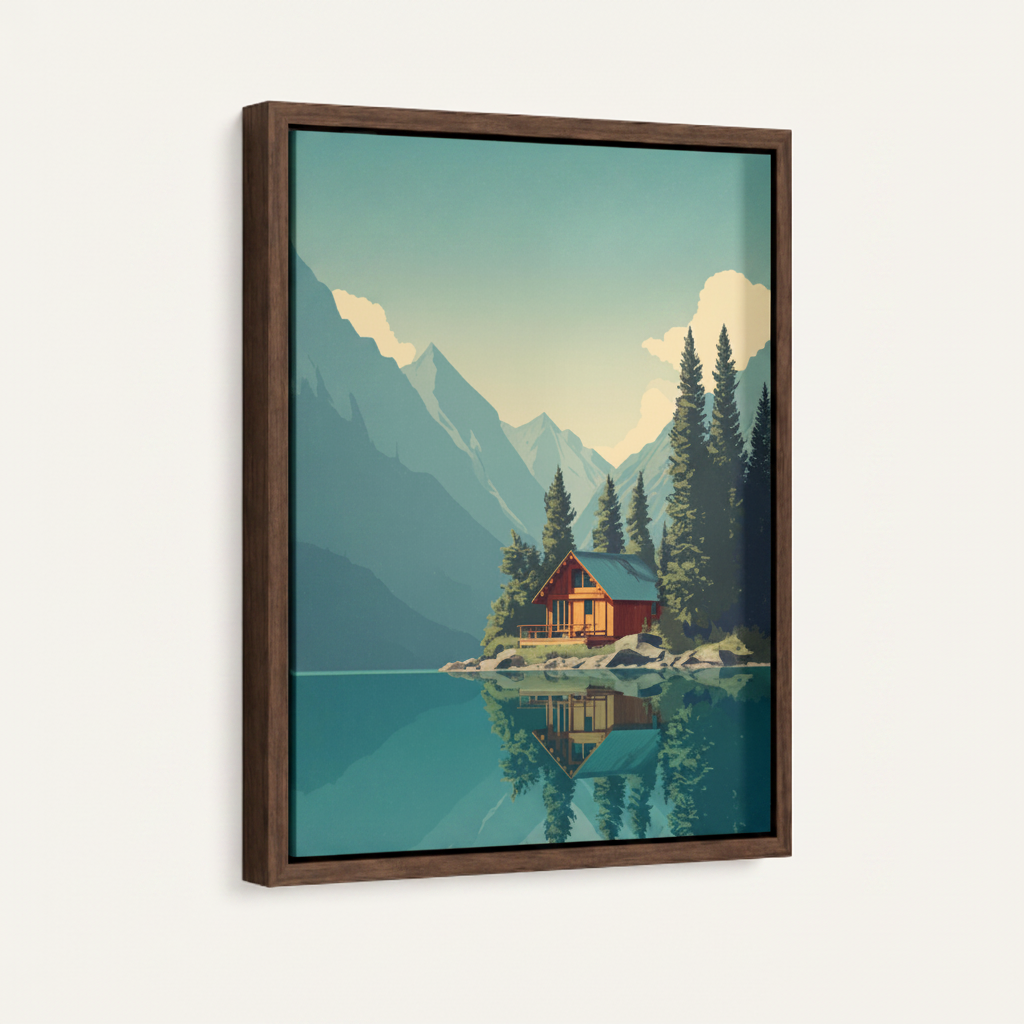 Lake cabin framed canvas wall art – modern minimalist illustration with turquoise mountain lake and red roof island cabin by Aurewall