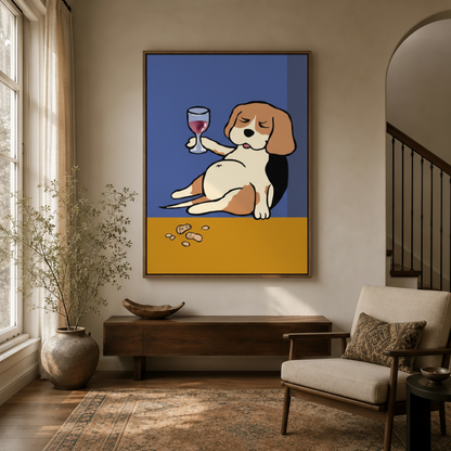 Cheeky dog holding wine glass pop art canvas hung in a cozy entryway with armchair and staircase