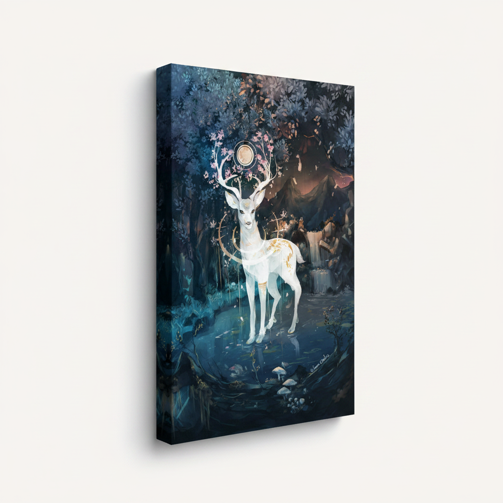 Fantasy white stag stretched canvas print – unframed enchanted forest illustration with glowing deer and mushrooms by Aurewall