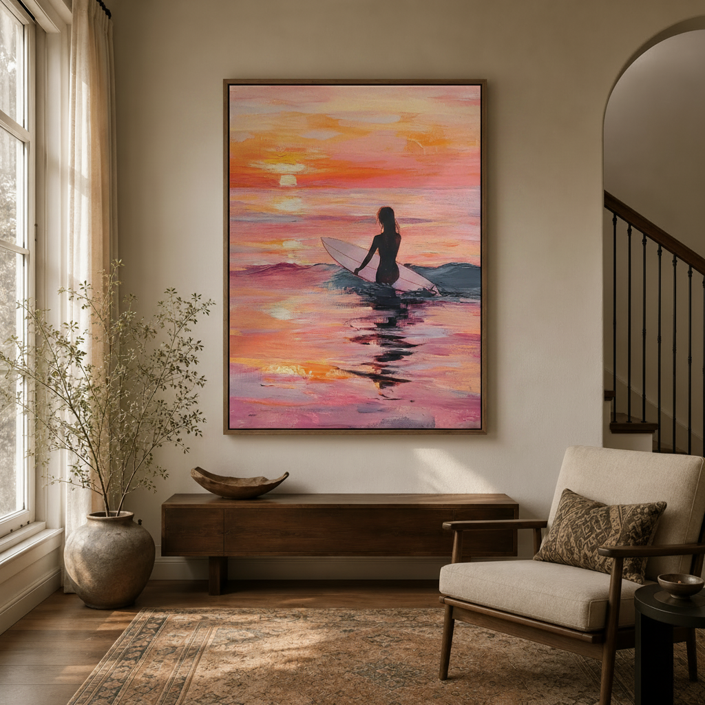 Pink sunset surfer girl wall art hanging in a cozy entryway with arched doorway and dried branch decor