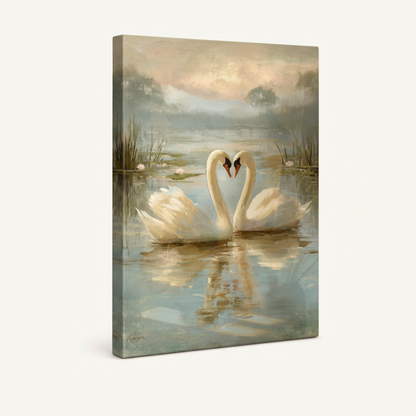 Stretched canvas swan lake classical painting side view on cream background