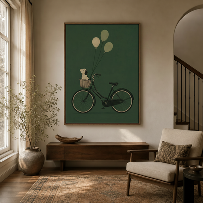 Cream dog in bicycle basket with green balloons painting hanging in a bright hallway entryway
