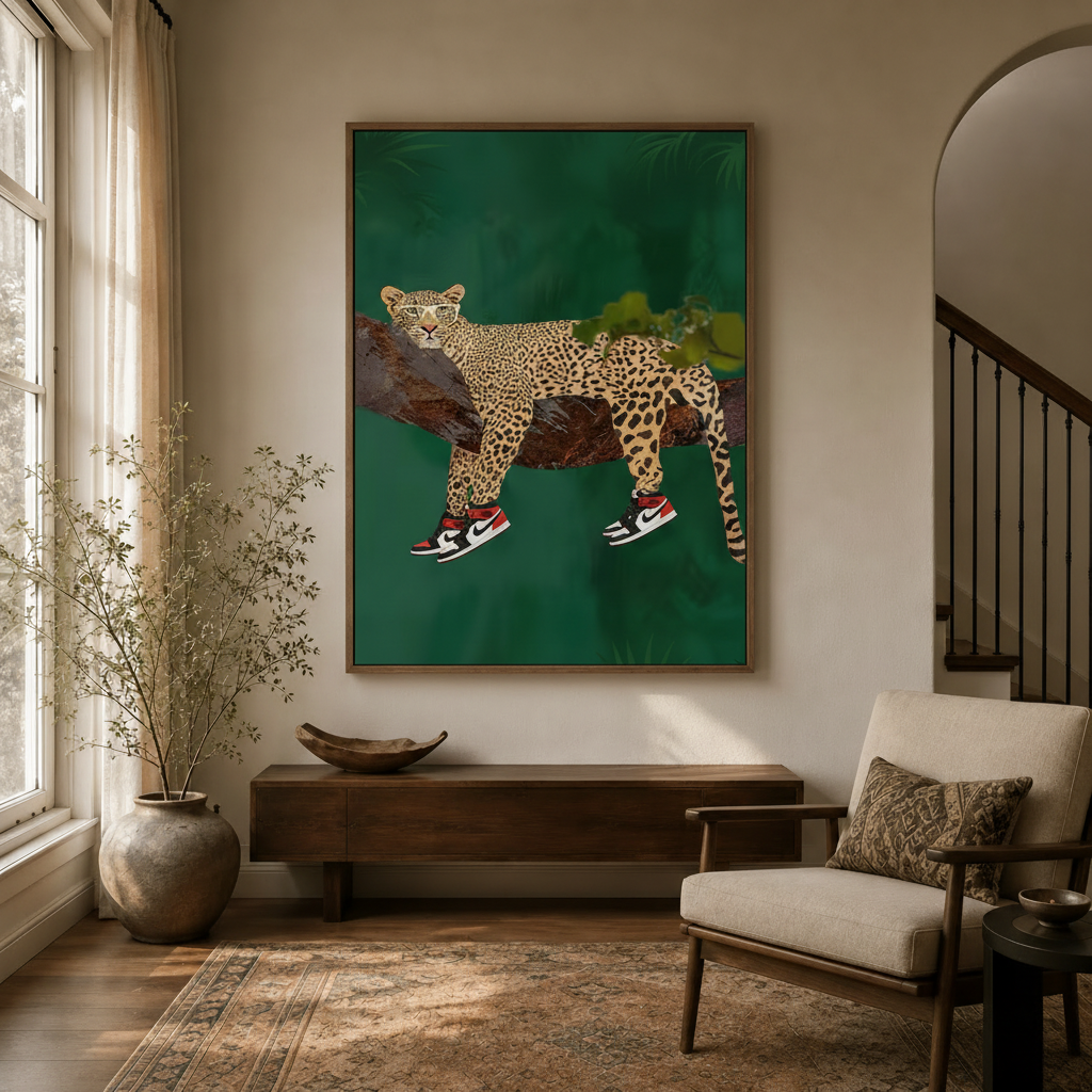 Framed leopard sneaker pop art canvas print displayed in a neutral-toned entryway with wooden staircase