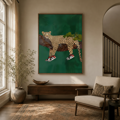 Framed leopard sneaker pop art canvas print displayed in a neutral-toned entryway with wooden staircase