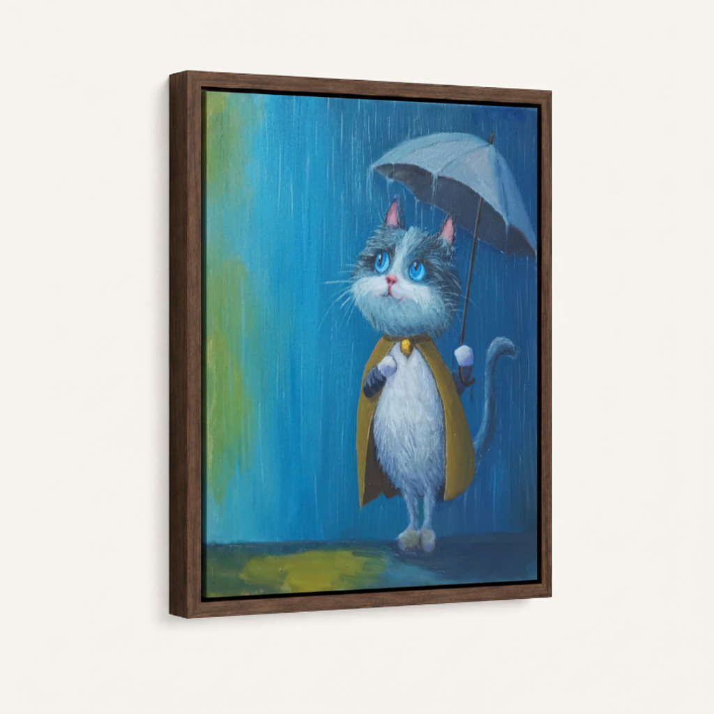 Rainy day cat framed canvas wall art – cute whimsical oil painting with blue-gray cat holding umbrella standing alone in deep teal rain by Aurewall
