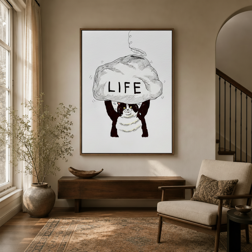 Whimsical tuxedo cat canvas wall art hanging in a cozy entryway above a walnut console