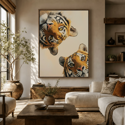 Dramatic two tigers canvas print hanging in living room, expressive oil painting close-up style
