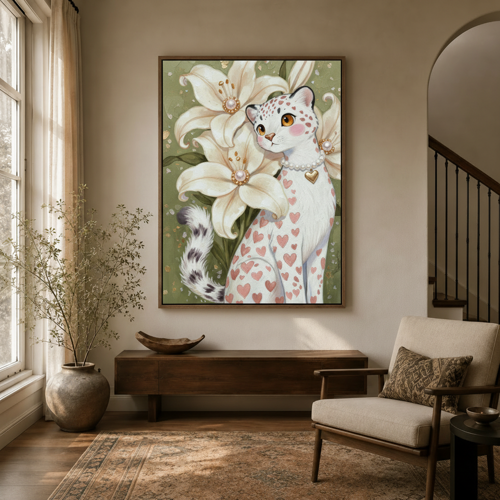 Snow leopard with pearl necklace and lily flowers canvas art hanging in a bright entryway