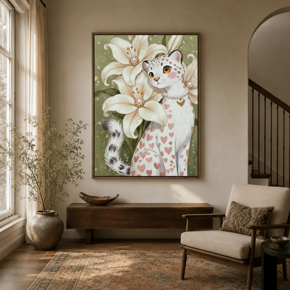 Snow leopard with pearl necklace and lily flowers canvas art hanging in a bright entryway