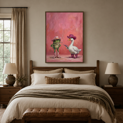 Whimsical cowboy frog and duck canvas wall art in bedroom – humorous pink western animal print above bed, fun eclectic room decor by Aurewall