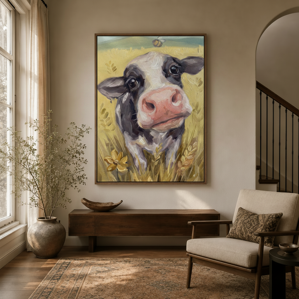 Farmhouse cow painting displayed in a cozy entryway with arched doorway and linen armchair