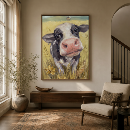 Farmhouse cow painting displayed in a cozy entryway with arched doorway and linen armchair