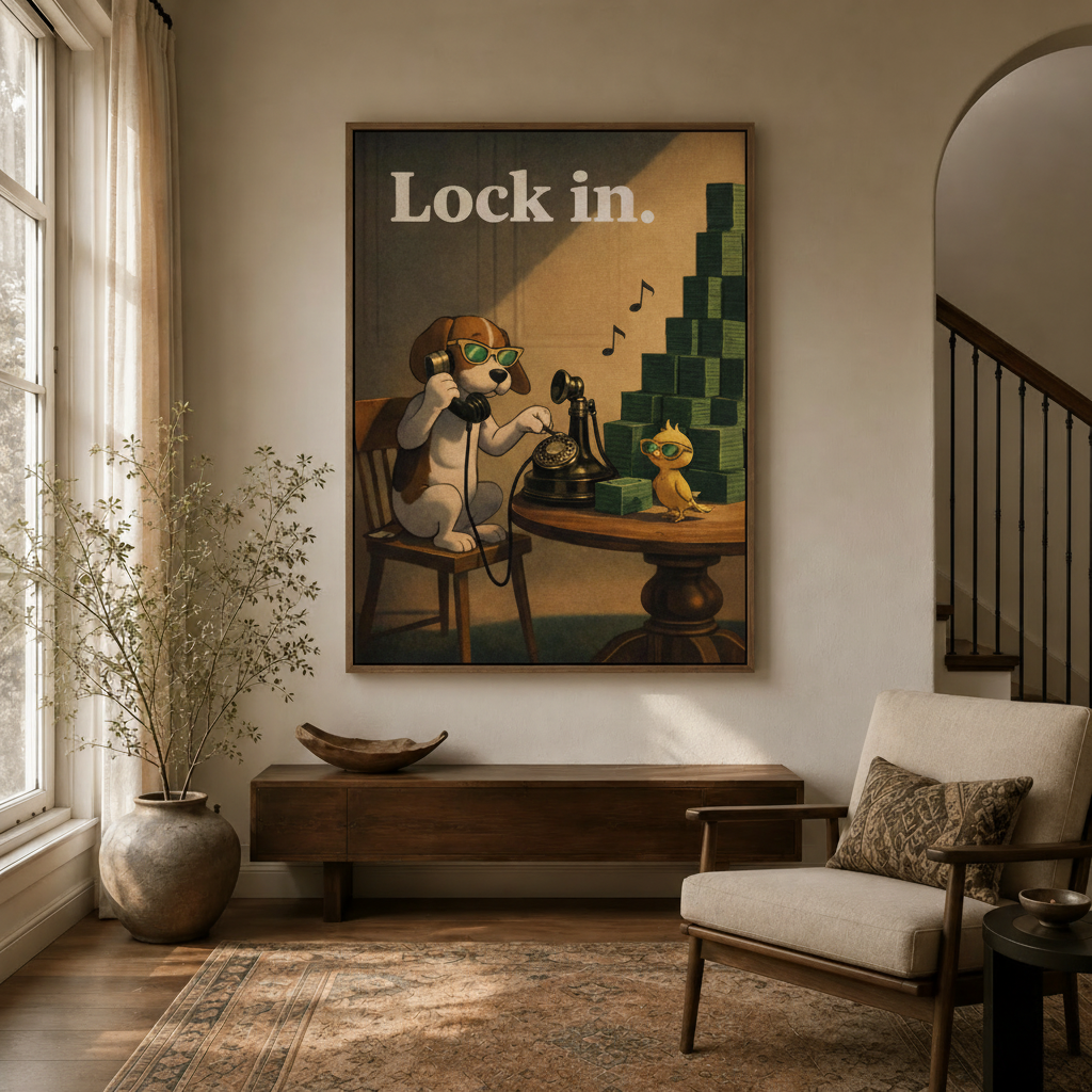 Retro dog on rotary phone illustration hanging in a cozy entryway with arched doorway