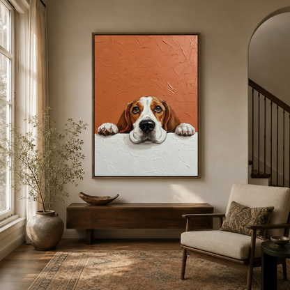 Beagle dog canvas wall art hanging in modern entryway with arched doorway and natural light