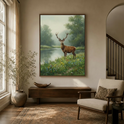 Stag oil painting canvas in a bright entryway beside staircase – nature wall art for rustic home decor