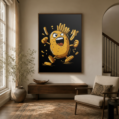 Comic potato canvas print with french fry hair hanging in bright hallway entryway with arched doorway