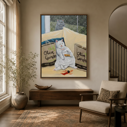 Humorous cat wall art in entryway hallway, Olive Garden cat painting in float frame