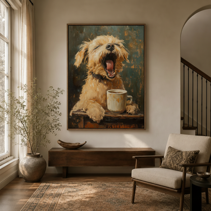 Framed dog coffee painting displayed in a cozy entryway with dried branch decor and arched doorway