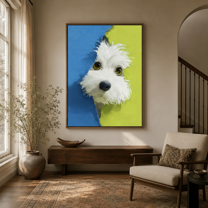 Colorful white dog pop art canvas print in walnut float frame hung in a bright modern entryway