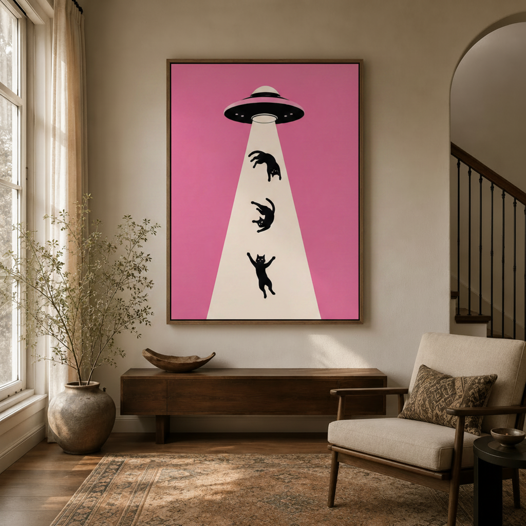 Funny cat wall art in dark walnut float frame hanging in cozy entryway with arched doorway and dried branches