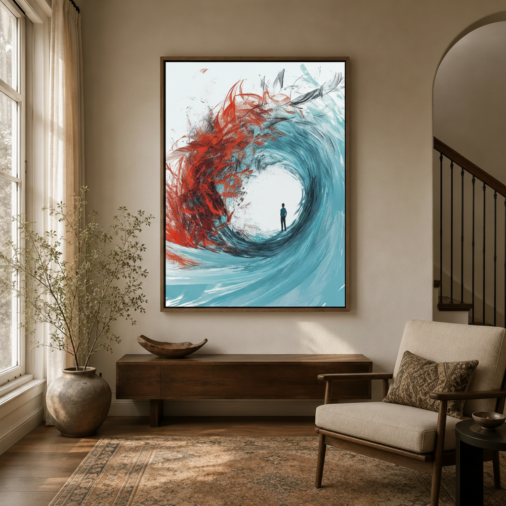 Abstract vortex painting in dark walnut float frame hanging in elegant entryway with dried branches