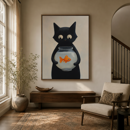Funny black cat goldfish bowl canvas print in float frame hanging in bright hallway entryway