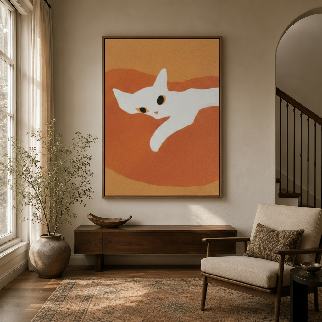 Flat illustration white cat wall art in dark walnut float frame hung above console table in modern entryway