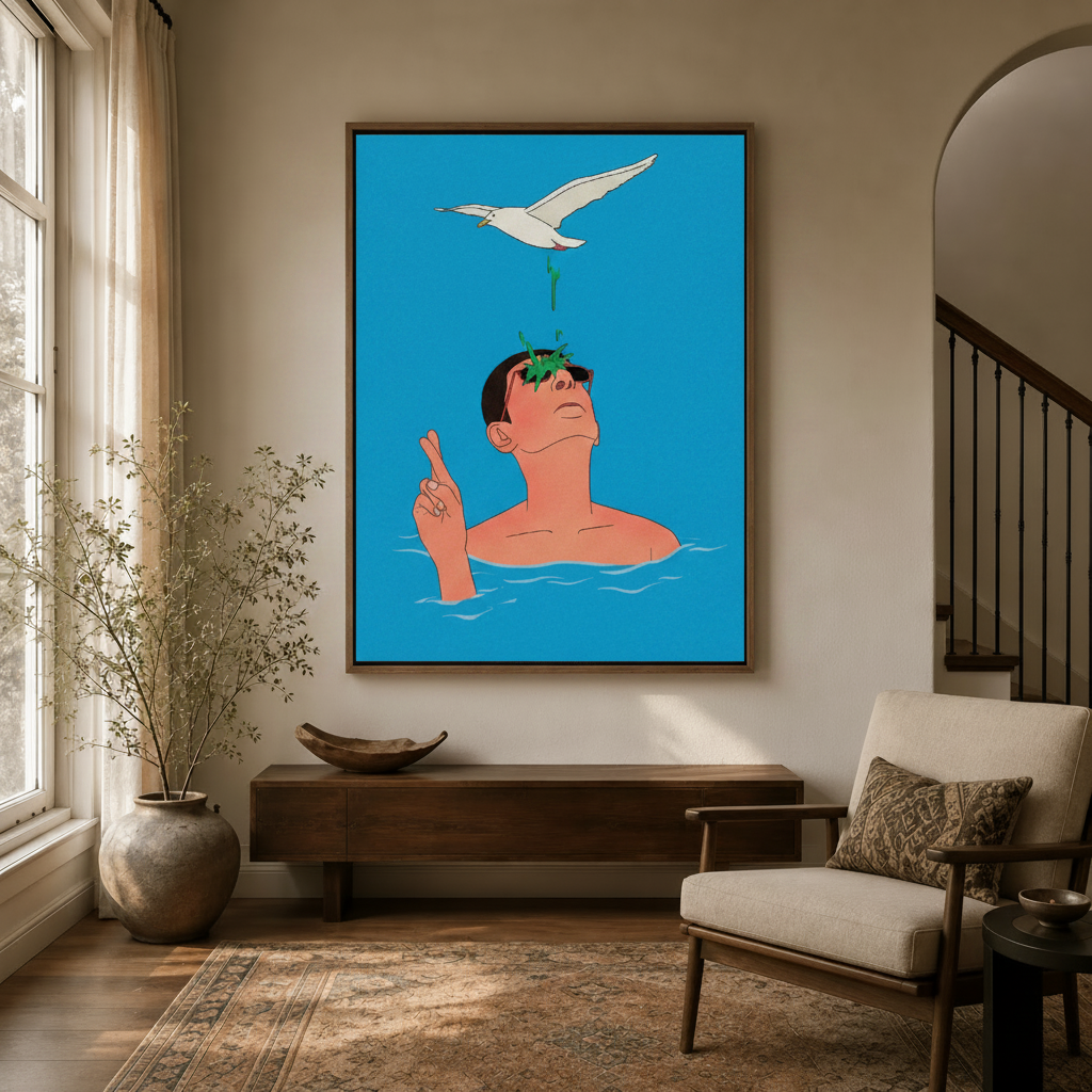 Humorous man fingers crossed flat illustration hanging in neutral entryway with arched doorway