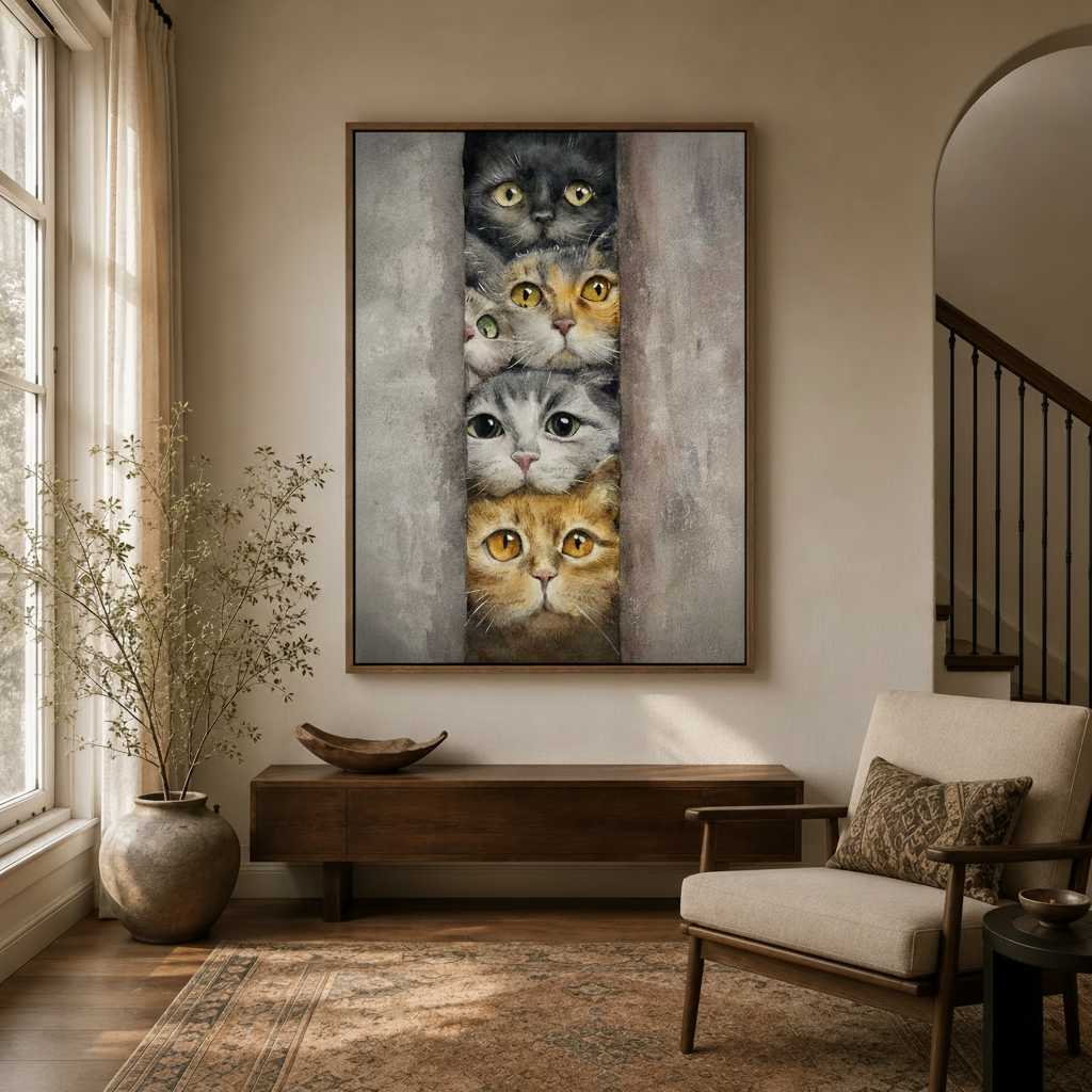 Curious cats peeking canvas print in floating frame displayed in a cozy entryway hallway
