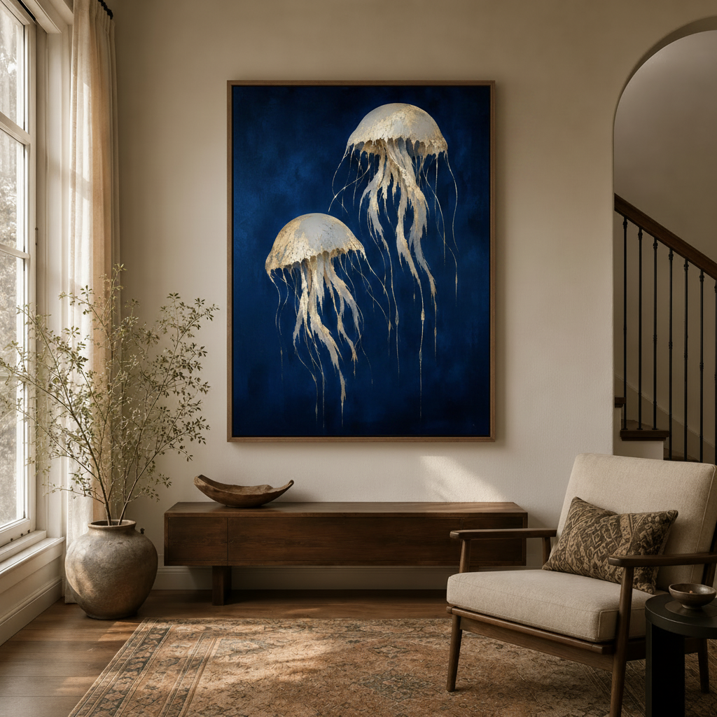 Luminous gold jellyfish deep sea canvas painting hanging in a bright hallway entryway with arched doorway